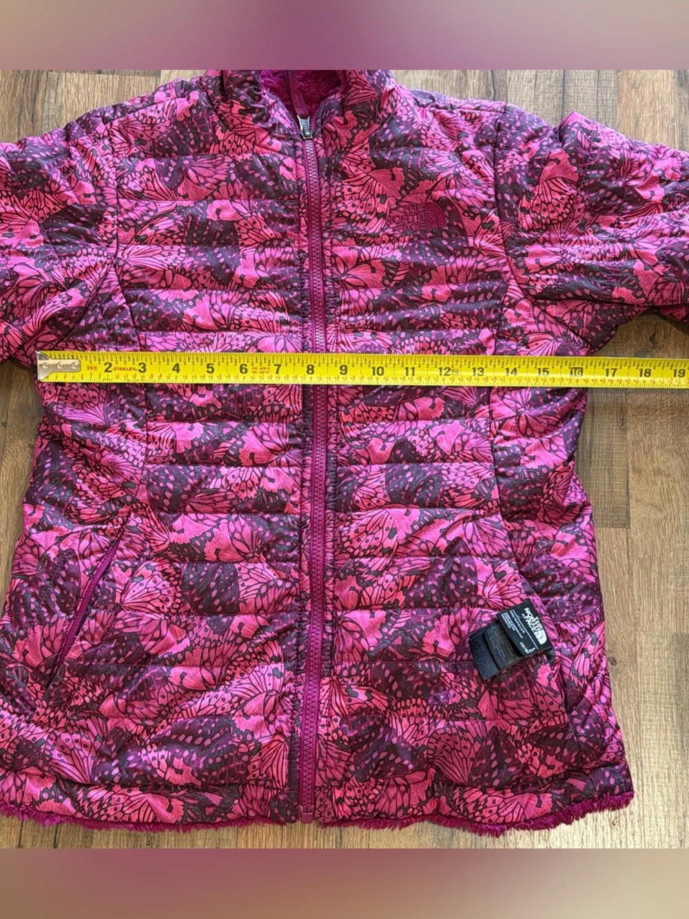 The North Face Reversible Mossbud Jacket Girls L 14 Pink Butterfly Full Zip